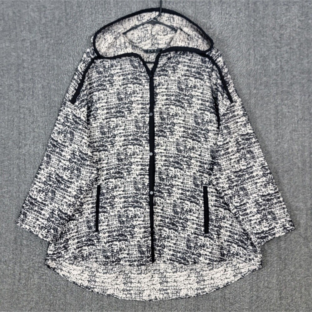 ZOA New York Swing Jacket Womens Large Black & White Hooded Roll Tab Sleeves